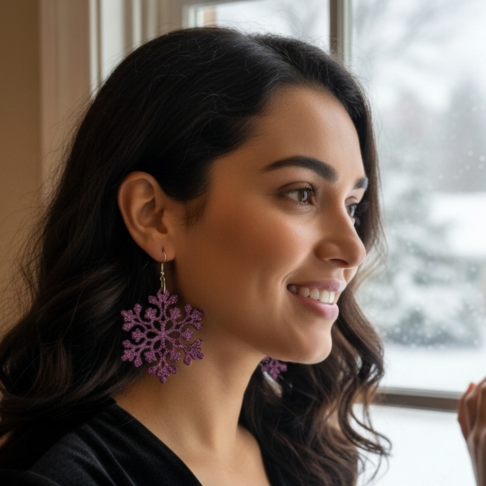 HANDCRAFTED Snowflake Pierced Earrings 2inches ARTISAN HANDMADE Holiday Jewelry